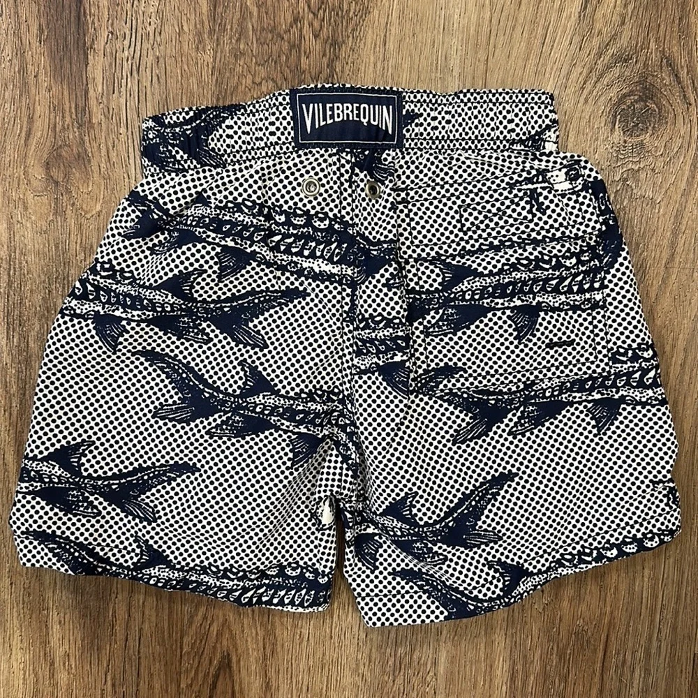 Vilebrequin Navy and White Kids Swim Trunks with Fish Print